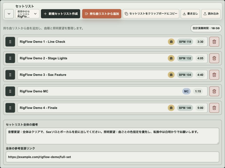 RigFlowのセットリスト編集エリアのスクリーンショット
