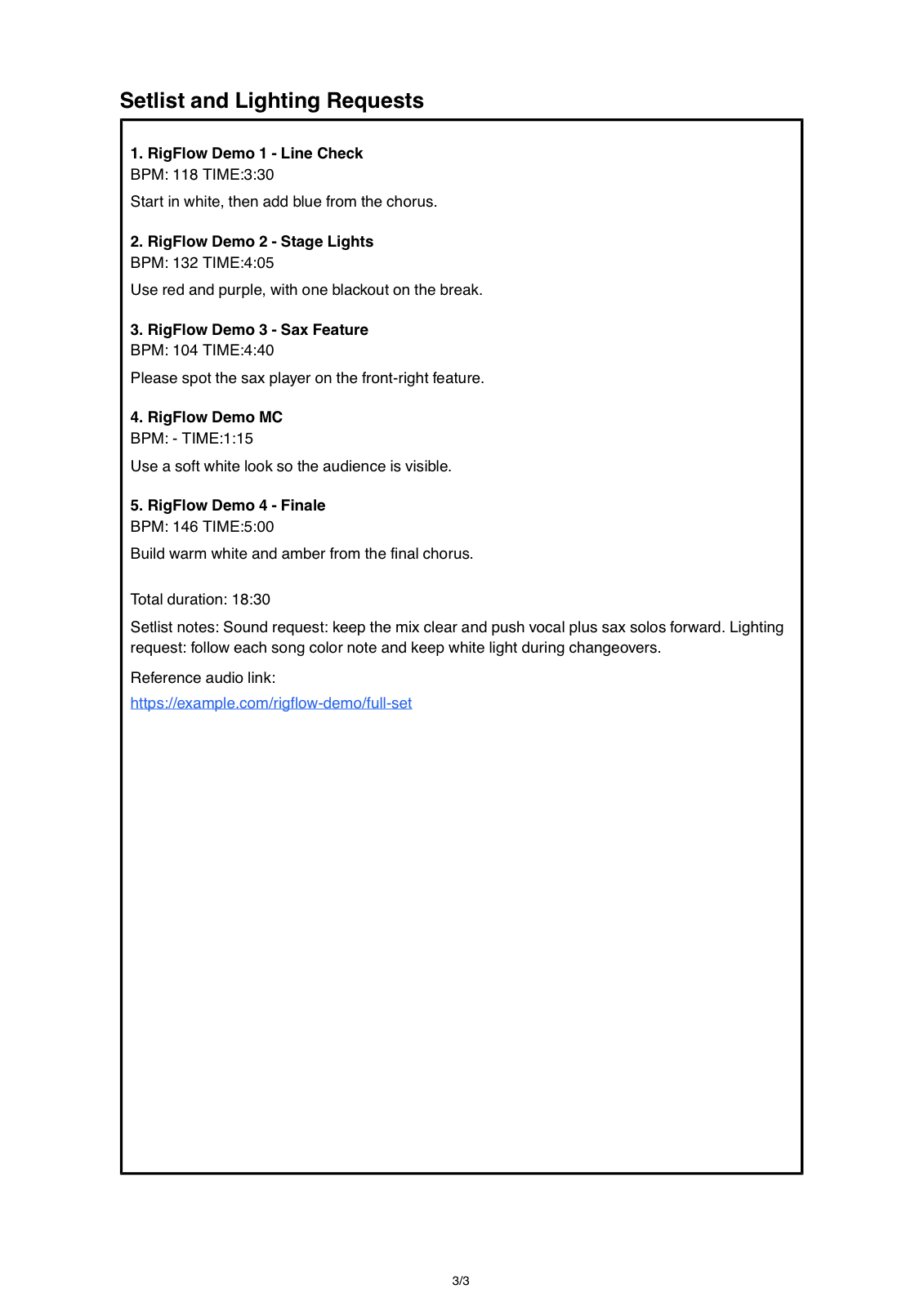 Preview of a setlist and lighting notes PDF exported from RigFlow