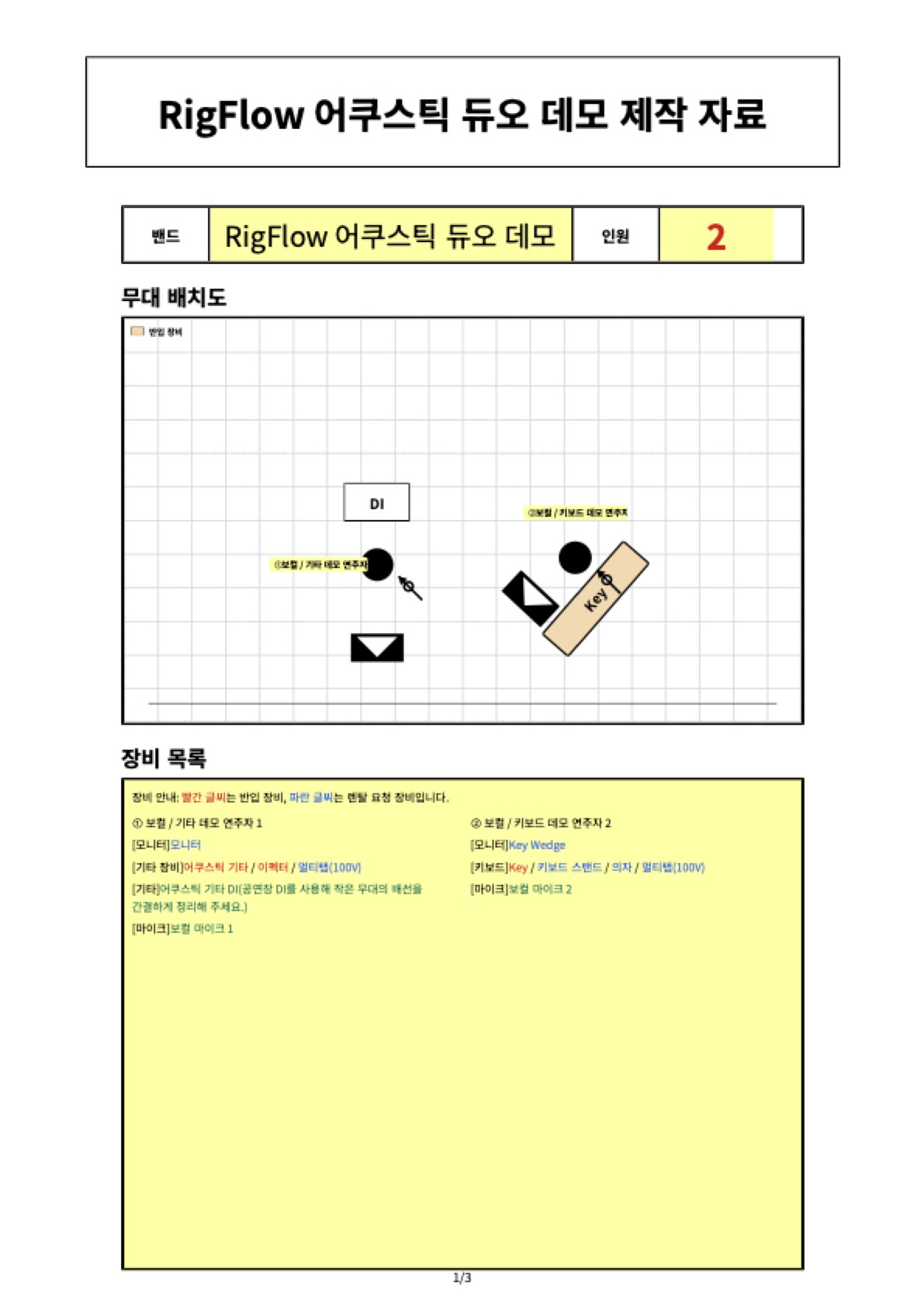 RigFlow에서 만든 어쿠스틱 듀오 무대 배치도 PDF 예시